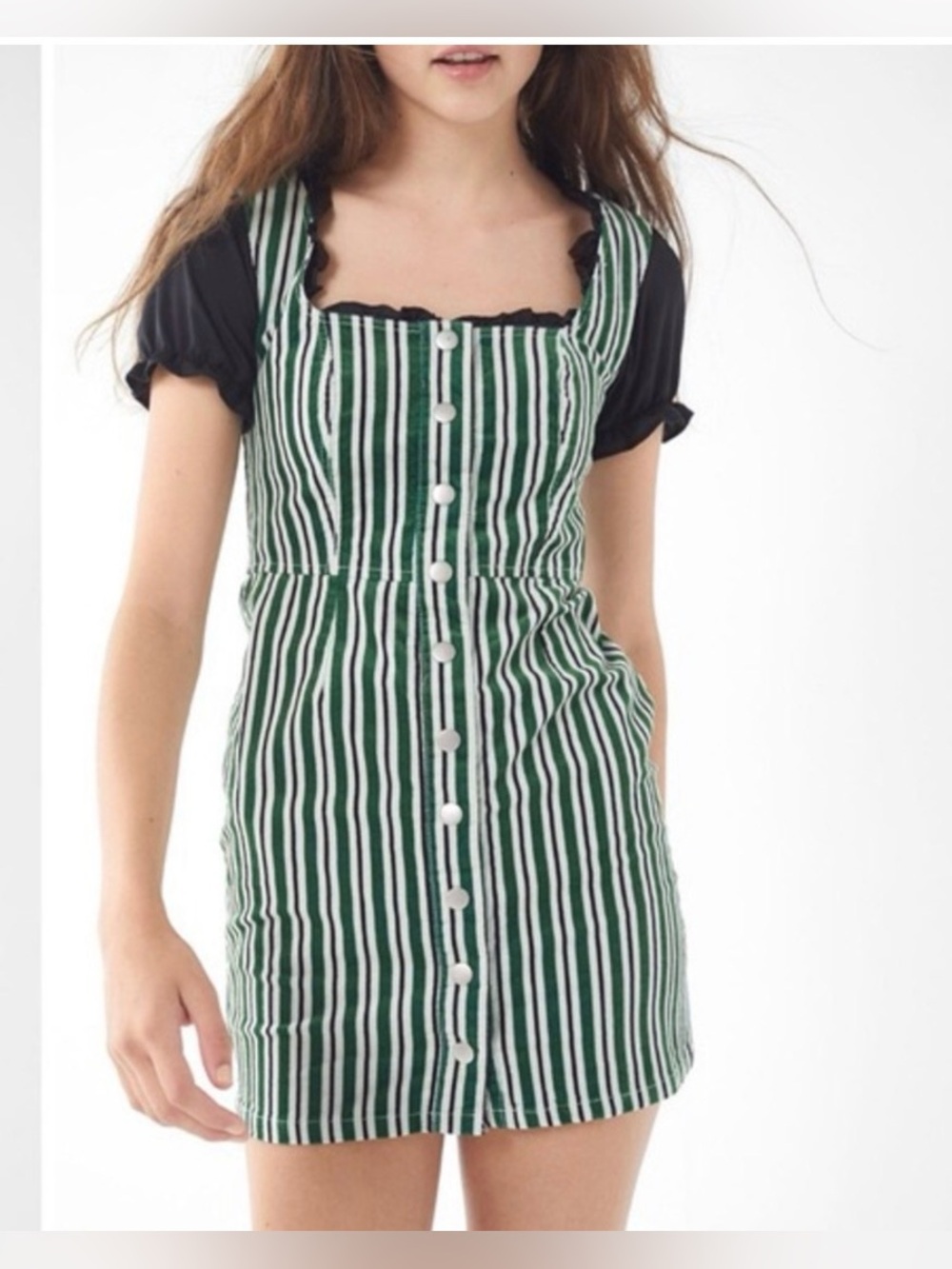 Urban Outfitters Green and White Corduroy Vertical-Stripe Button Mini Dress